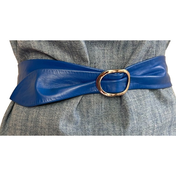 80's Leather Cinch Waist Slide Belt Silver Tone Oval Buckle USA Blue Size Medium - Picture 5 of 8